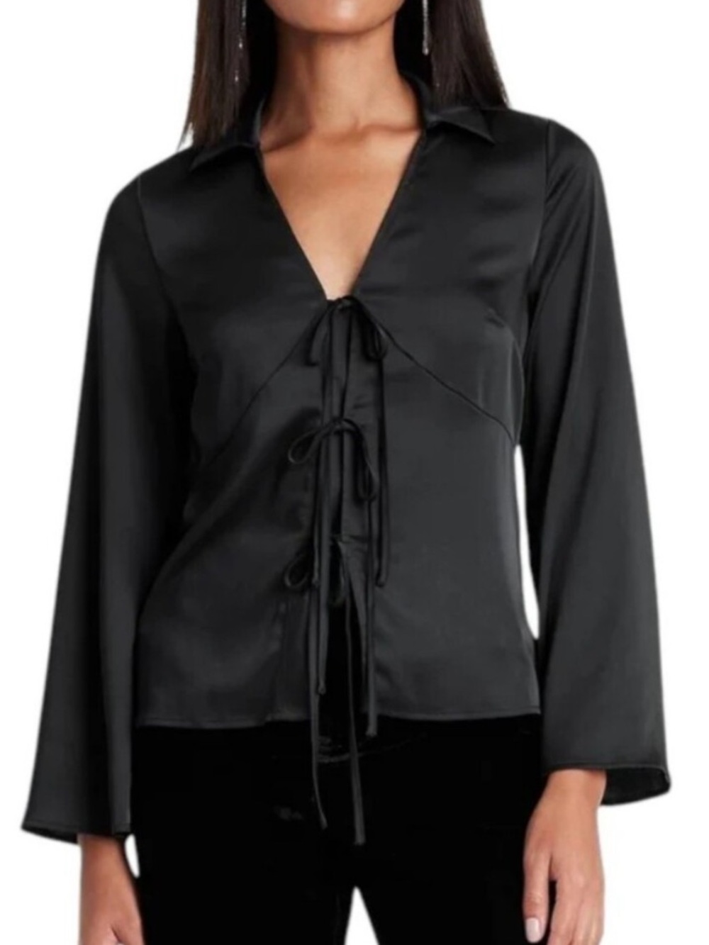 a new day Black Satin Tie-Front Blouse